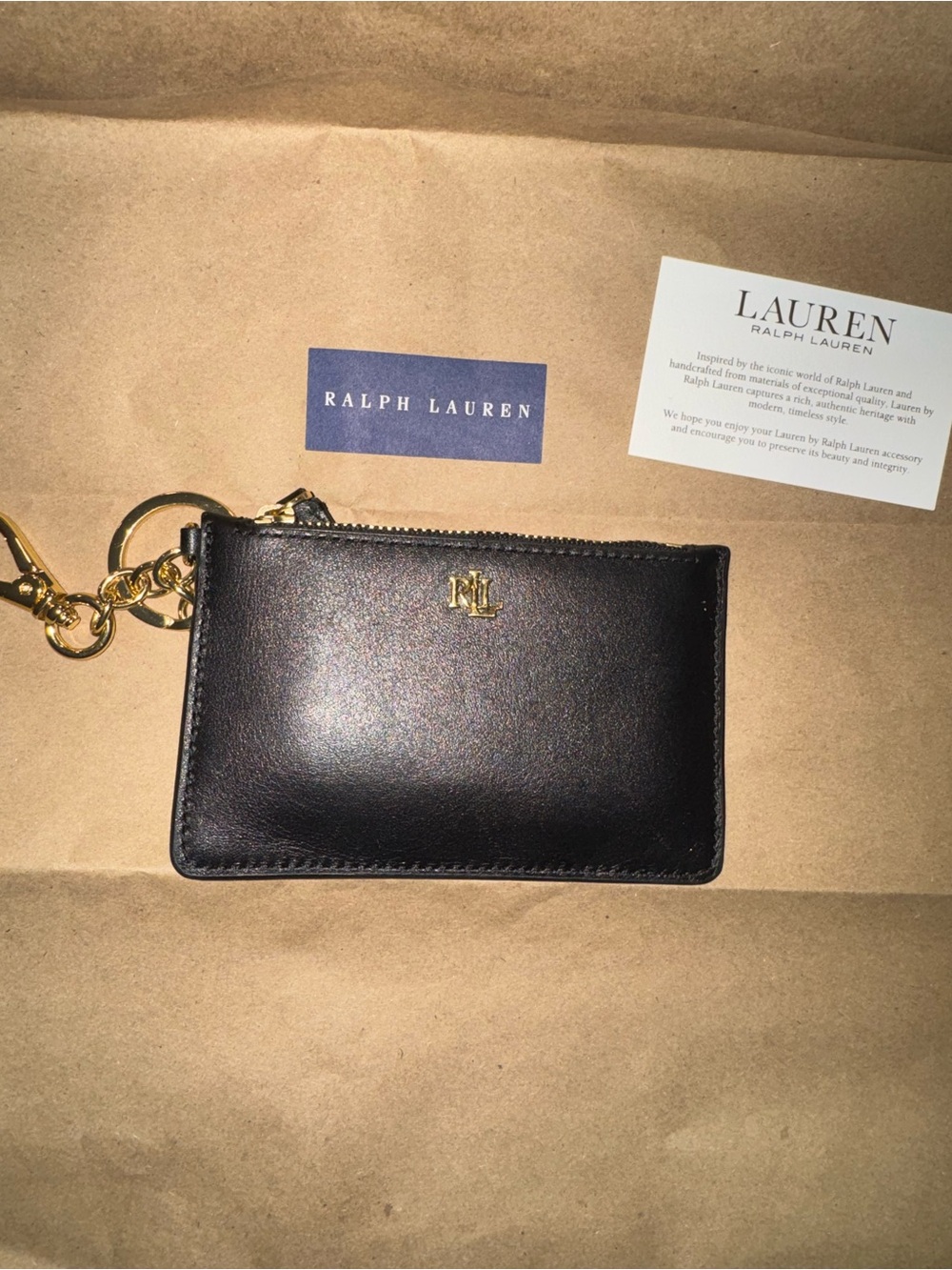 Ralph Lauren Black Leather Zip Card Holder with Gold Keyring